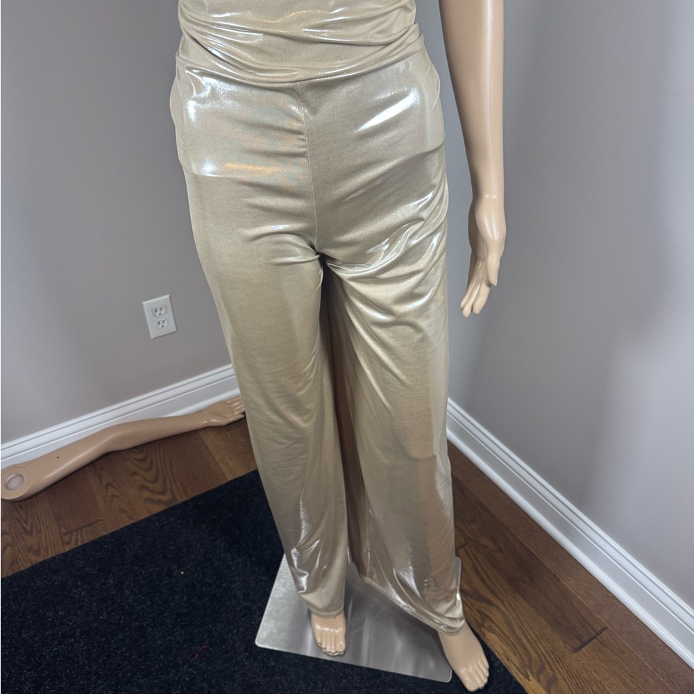AKIRA Metallic Champagne Wide Leg Pants XL NWT Disco Festival Party Pants - Picture 2 of 4